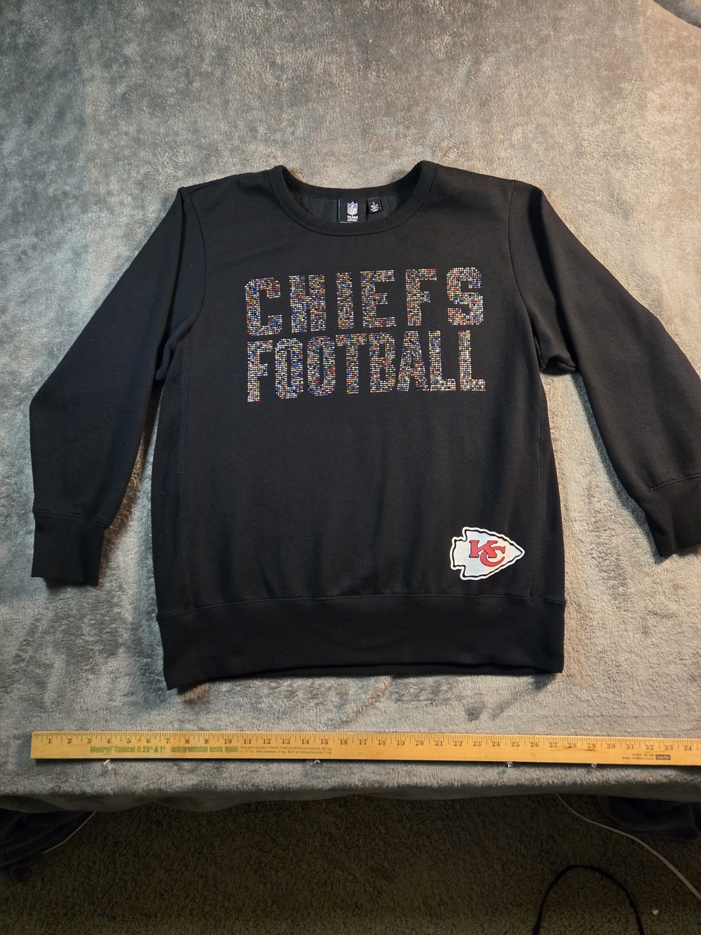 NFL Black Chiefs Football Crewneck with Multicolor Glitter Lettering